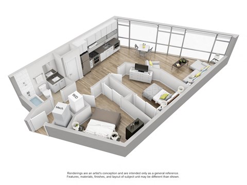 bedroom floor plan an in 3d at The Shay, Washington Washington